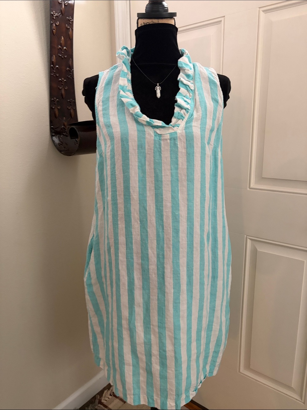 crown & ivy Aqua & White Striped Ruffle V-Neck Tank Tunic
